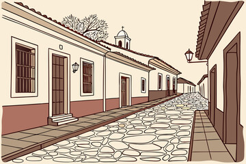 Old Cobblestone Street with Colonial Buildings.