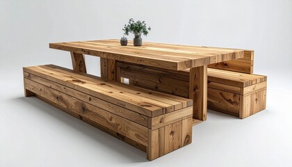 Versatile modular dining set with detachable benches and expandable surfaces, finished in smooth oak and matte accents