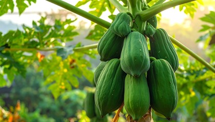 A cluster of vibrant green papayas hangs from a lush papaya tree, bathed in warm sunlight.
