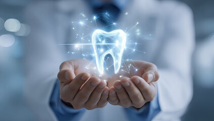 Holographic Tooth Displayed in Caring Hands Symbolizing Advanced Dental Care.