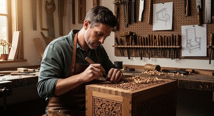 A man carving a wooden box with a chisel in a workshop.