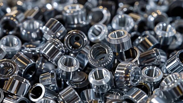 A large pile of metal nuts and fittings, ideal for industrial or mechanical context