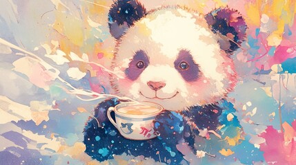 Artistic depiction of a panda holding a steaming cup amidst colorful abstract background