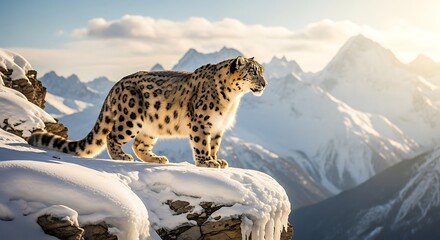 A majestic snow leopard stands proudly on a snow-covered rocky outcrop, surveying the vast, sun-drenched mountain landscape.
