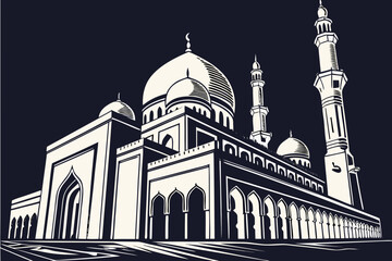 Stylized Islamic Mosque Architecture with Minarets and Domes.