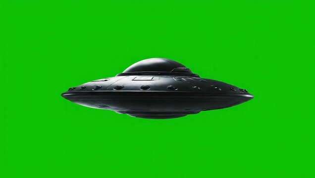 UFO fly by, rotating spaceship with extraterrestrial visitors, alien flying saucer isolated on green screen background, 