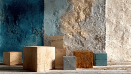 Wooden display cubes against a textured wall