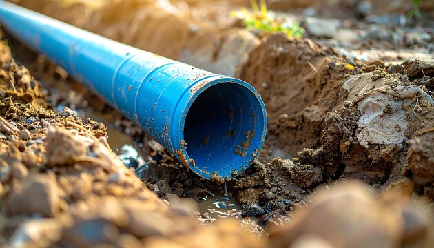 Blue plastic pipe in a ditch
