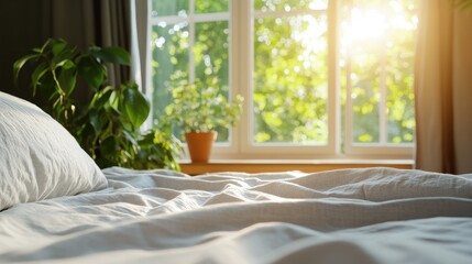 Sunrise bedroom interior with plants