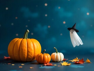 A cute ghost wearing a witch hat floats happily beside big pumpkins under a starry night sky, creating a cheerful and festive Halloween scene.