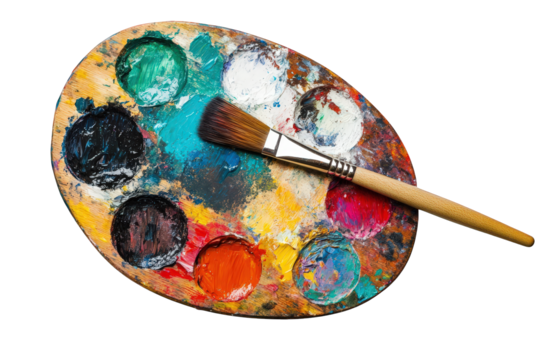 Artists wooden paint palette with colorful paints and a brush isolated on transparent background
