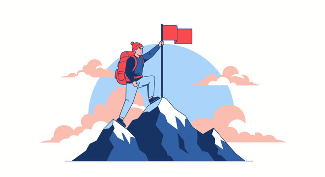 Adventurer plants flag atop snowy mountain peak, celebrating achievement and success. - Powered by Adobe