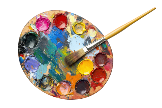 Artists wooden paint palette with colorful paints and a brush isolated on transparent background - Powered by Adobe