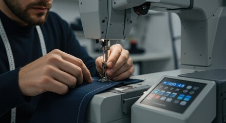 Focused tailor using advanced sewing machine to stitch navy fabric with precision
