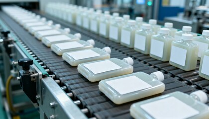 Obraz premium Bottles on Conveyor Belt in Manufacturing Plant: Production Line Efficiency and Automation