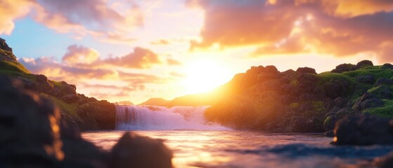 Sunrise over coastal waterfall