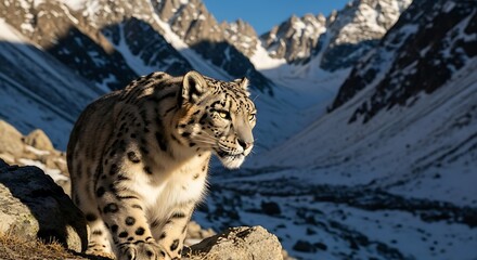 Fototapeta premium A majestic snow leopard stands alert on a rocky outcrop in a snow-covered mountain valley.