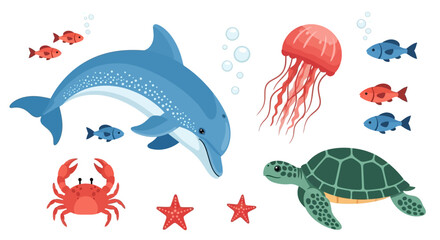 Obraz premium Playful ocean creatures, including a dolphin, turtle, jellyfish, crab, and fish, swim in clear blue water.