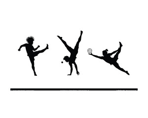 Dynamic silhouettes of three athletic individuals performing energetic dance and gymnastic poses against a clean white background