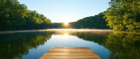 Sunrise over tranquil lake with wooden dock