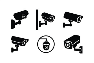 Vector set of security surveillance camera illustrations showing different styles and mounts