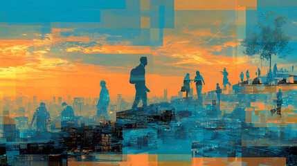 Abstract illustration of people walking in a city with a colorful sky in the background