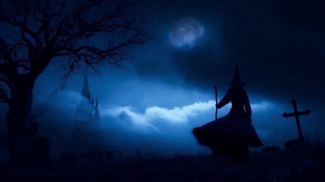 Halloween witch holding broom standing on grass field over cross, dead tree, castle, full moon and cloudy spooky sky, Halloween mystery concept
