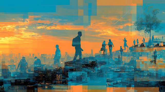 Abstract illustration of people walking in a city with a colorful sky in the background