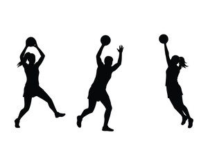Silhouettes of three female athletes in action playing basketball with the ball above their heads against a white background