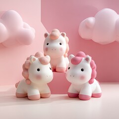 Three adorable cartoon unicorn figures with pink accents on a soft background.