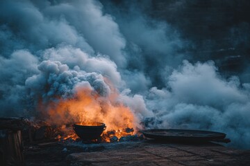 A large, dark pot sits in a fire surrounded by thick, billowing smoke