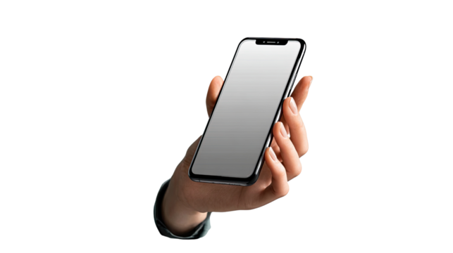 Modern Communication Device: A hand delicately holds a sleek, modern smartphone, showcasing a blank display. Evoking themes of connection, accessibility, and the digital world.