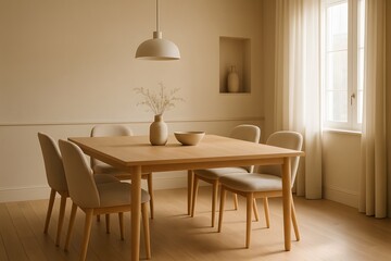 Fototapeta premium Cozy Dining Room with Wooden Table, Chairs, and Minimalist Decor in Neutral Tones