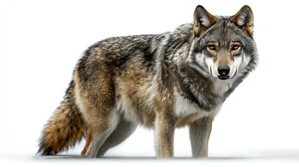 Fototapeta premium Regal Wolf's Gaze: This image captures the intense, direct gaze of a majestic wolf, its fur beautifully detailed against the backdrop, embodying the wild's power and resilience. 