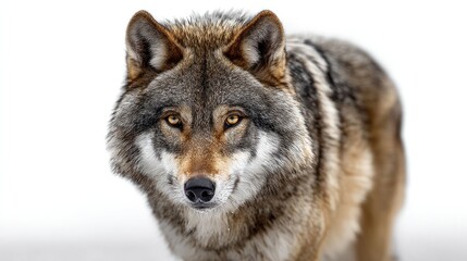 Fototapeta premium Staring wolf in snow: A captivating shot showcases a single wolf's direct gaze, its eyes reflecting the wild beauty. The animal's fur creates an alluring contrast.