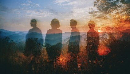 Silhouettes of three figures at sunset over mountains