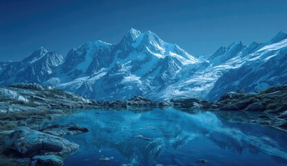Majestic snow-capped mountains reflected in a serene icy lake under a blue sky.