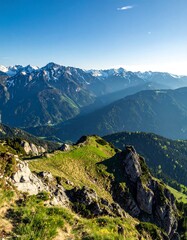 Alpine mountain vista with snow-capped peaks