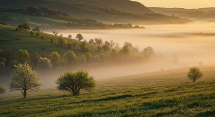 Misty sunrise over rolling hills and lush green fields