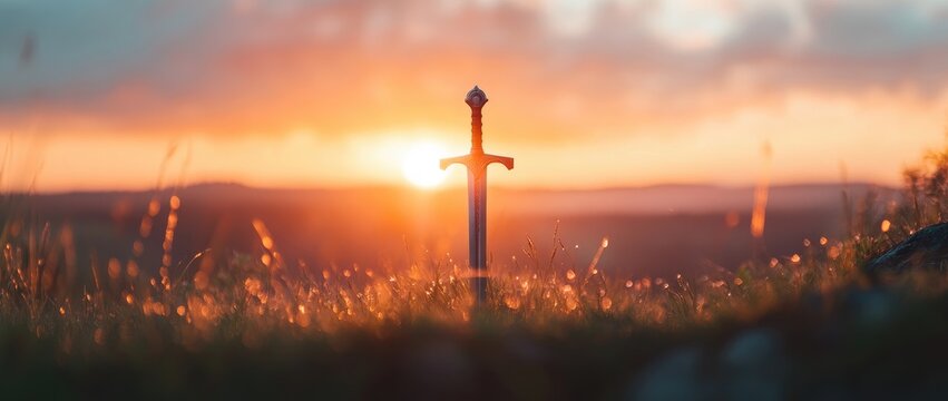 Sword silhouette in golden sunset field