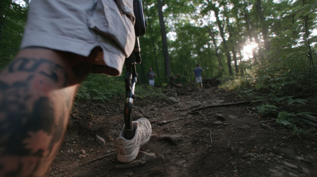 Man with prosthetic leg running forest trail sunrise, determined