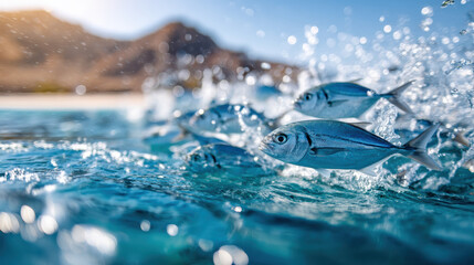 School of bigeye trevally in shallow blue water, energetic