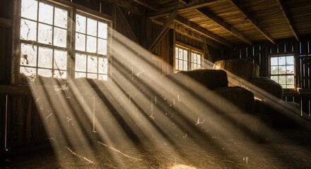 A rustic barn interior with sunlight streaming through windows and hay bales on the floor.