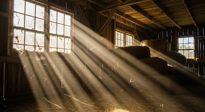 A rustic barn interior with sunlight streaming through windows and hay bales on the floor. - Powered by Adobe