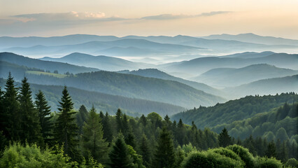 Fototapeta premium Serene misty mountain landscape layers fading into soft pastel sky dawn
