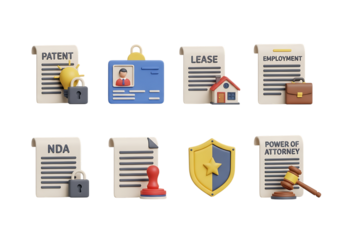 3d icon of collection of legal documents and symbols including patent, nda, lease, employment contract, and power of attorney isolated on transparent background