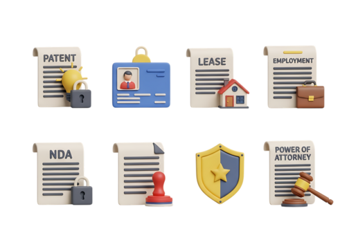 3d icon of collection of legal documents and symbols including patent, nda, lease, employment contract, and power of attorney isolated on transparent background