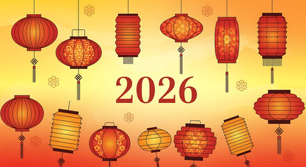 Festive display of hanging red and orange lanterns with the year 2026 displayed prominently.