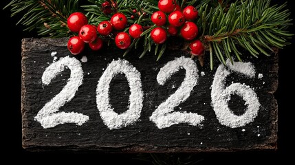 New Year Celebration 2026 Decorated with Winter Greenery and Berries
