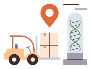 Forklift carrying packages, map location marker, and DNA helix sculpture. Ideal for logistics, science, genetics, biotech, innovation research transportation. Clean simple flat metaphor
